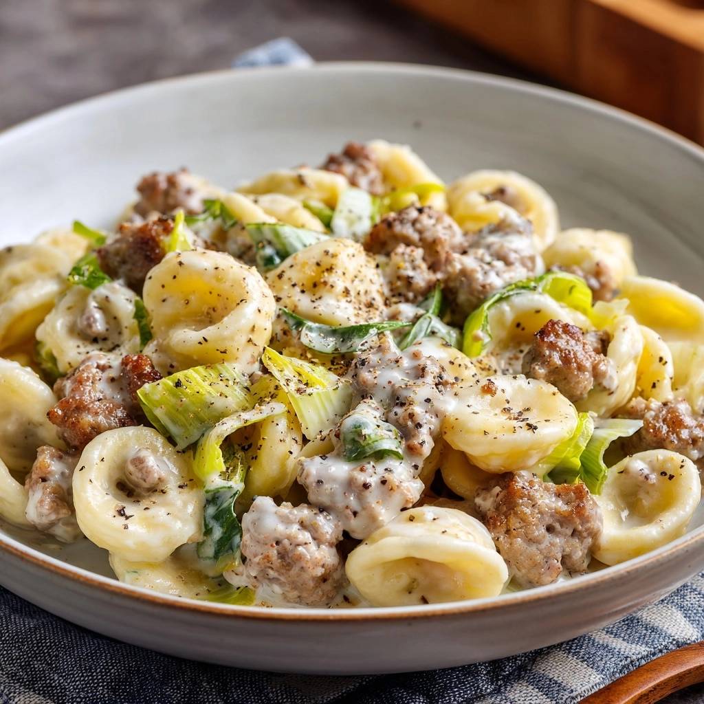 Creamy leek and sausage orecchiette in a bowl, showcasing the pasta, sausage, and silky sauce up close.