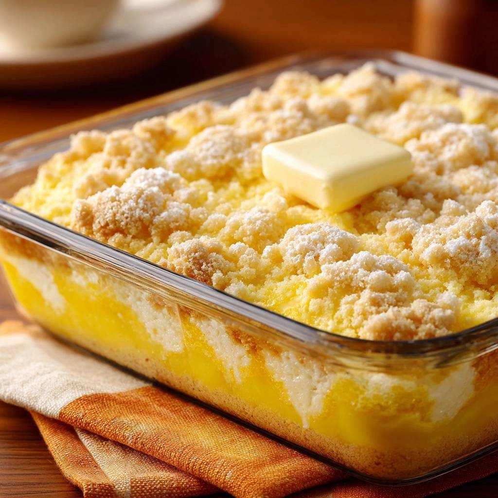 Creamy lemon streusel bars with a pat of butter melting on the crumb topping in a glass baking dish.