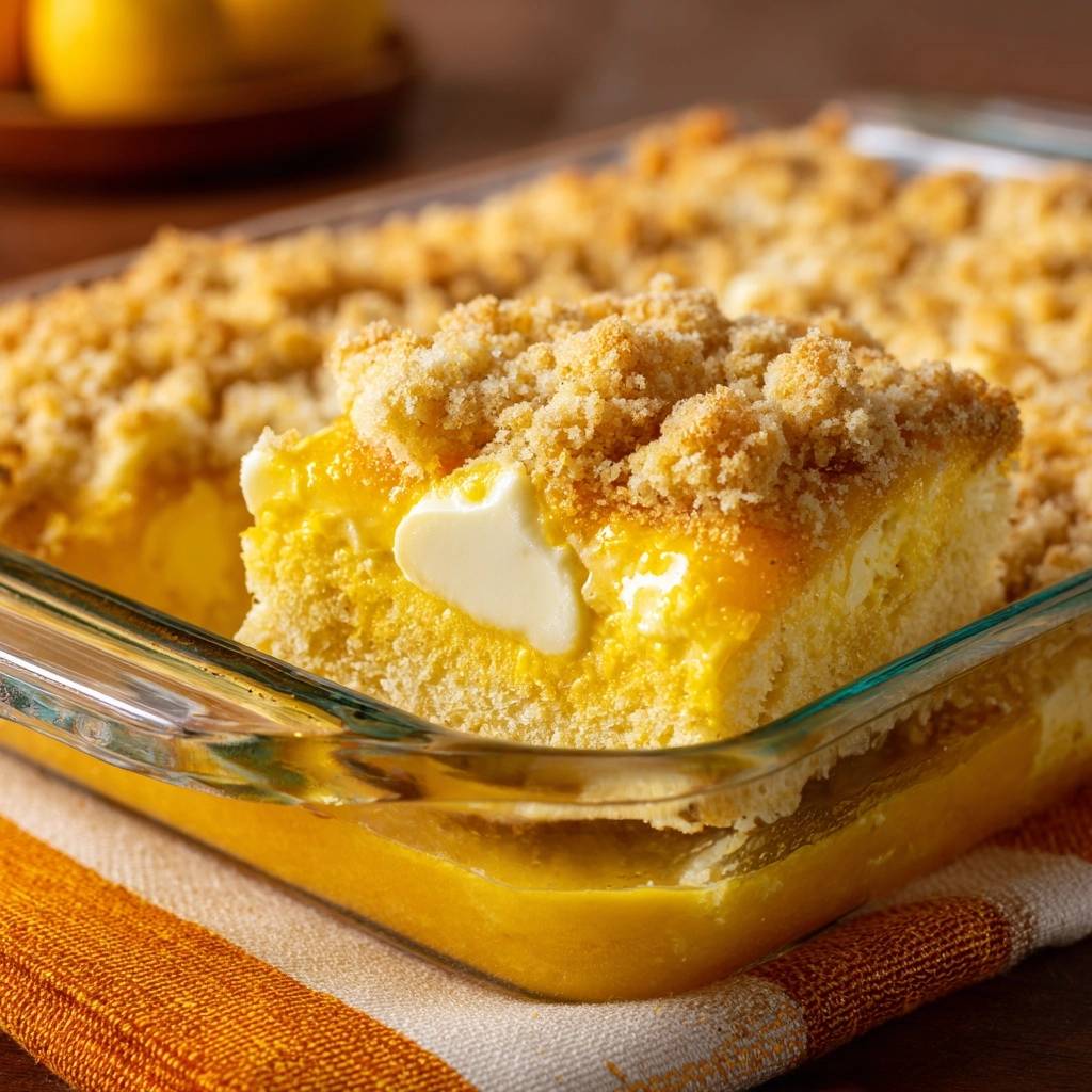 Creamy lemon streusel bars with a close-up view of a slice showing the creamy filling and streusel topping.