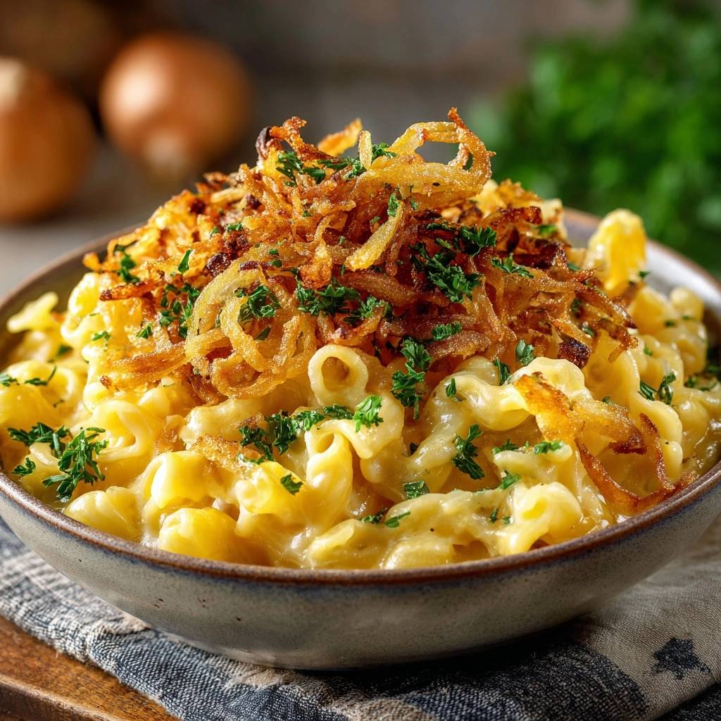 Creamy mac and cheese topped with a generous portion of crispy fried onions and fresh parsley.