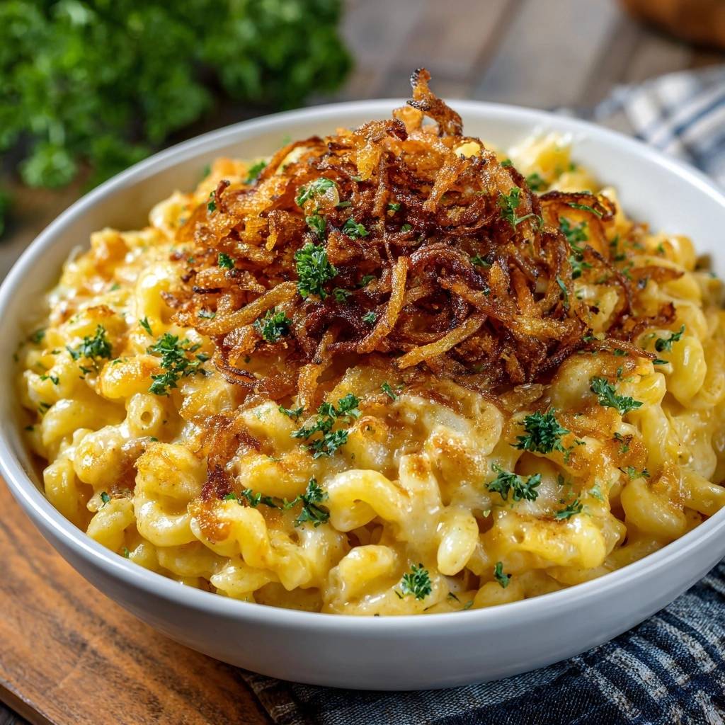 Creamy mac and cheese topped with a generous portion of crispy fried onions and fresh parsley.