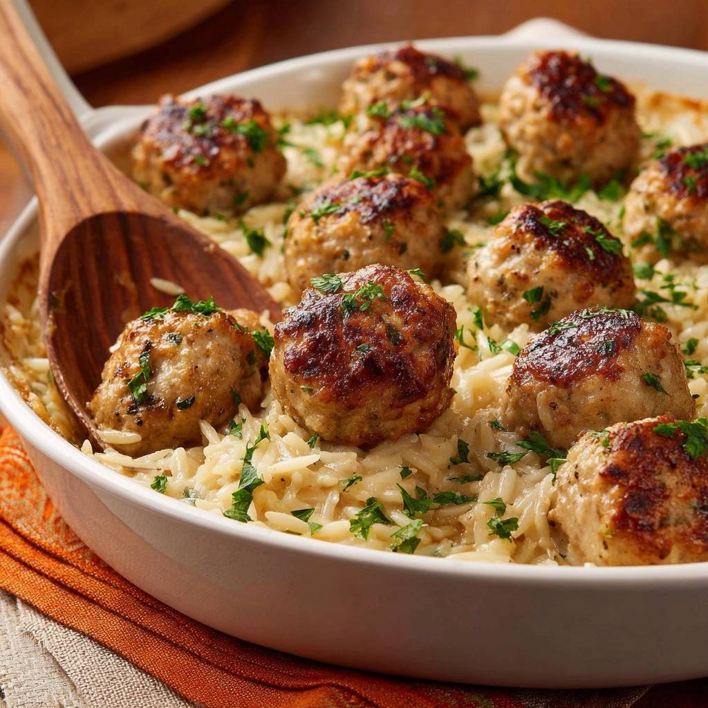 Creamy meatball orzo bake with a wooden spoon scooping a serving, garnished with fresh parsley.