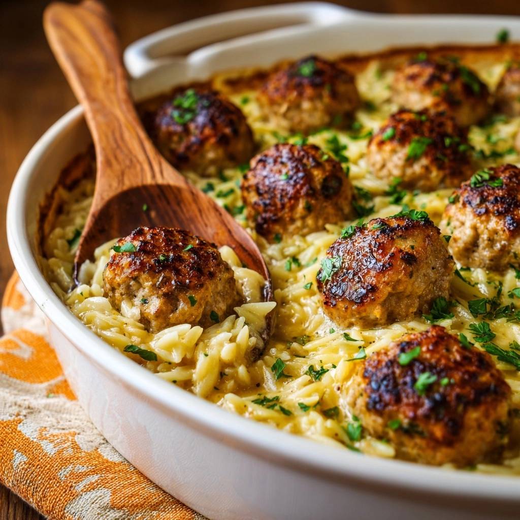 Creamy meatball orzo bake with a wooden spoon serving a portion from the white baking dish.