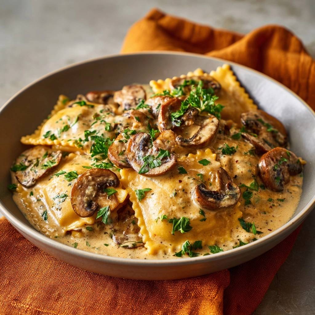 Creamy mushroom ravioli served in a bowl, featuring a close-up view of the pasta and sauce with fresh parsley garnish.