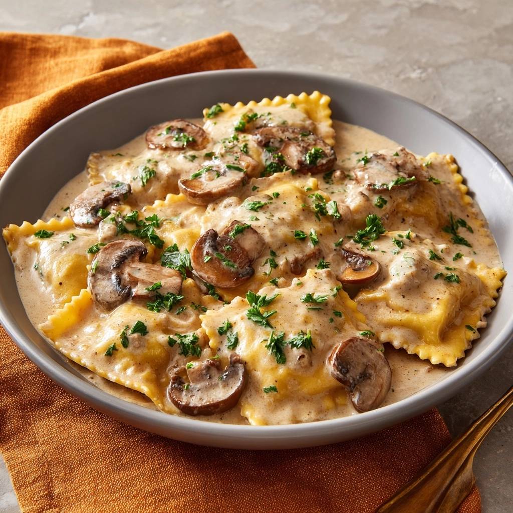 Creamy mushroom ravioli with a velvet emulsion served in a grey bowl, garnished with fresh parsley.