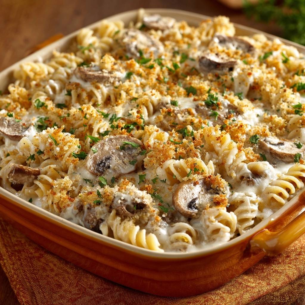 Creamy mushroom rotini bake with a crispy breadcrumb topping and fresh parsley garnish, shown in a close-up view.