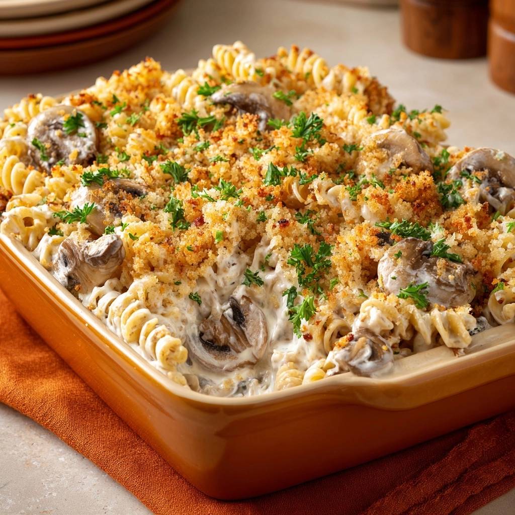 Creamy mushroom rotini bake with a golden-brown crispy breadcrumb topping and fresh parsley garnish.