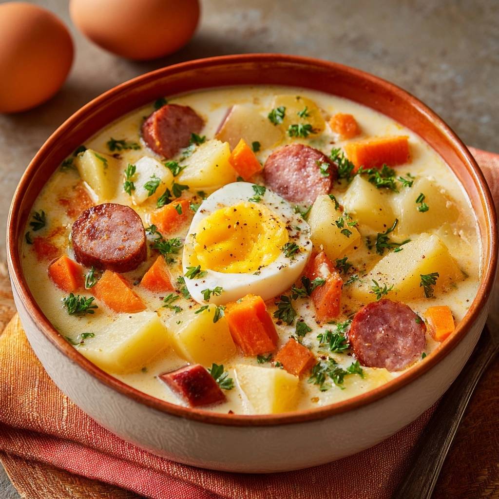 Creamy potato sausage chowder with chunky texture, served in a rustic bowl with a hard-boiled egg half and fresh parsley garnish.