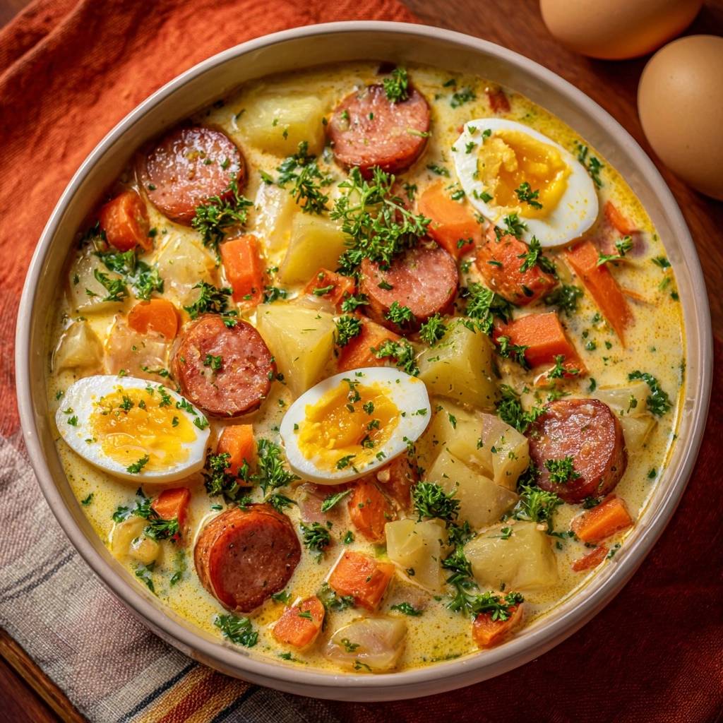 Creamy potato sausage chowder in a bowl, topped with sliced hard-boiled eggs and fresh parsley.