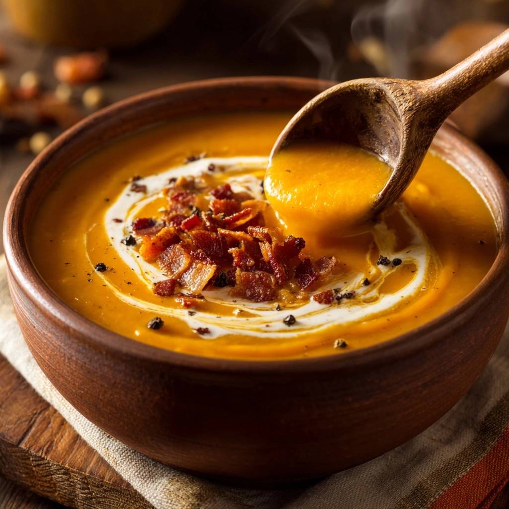 Creamy roasted butternut squash soup with a spoonful being lifted, topped with bacon and a swirl of cream.