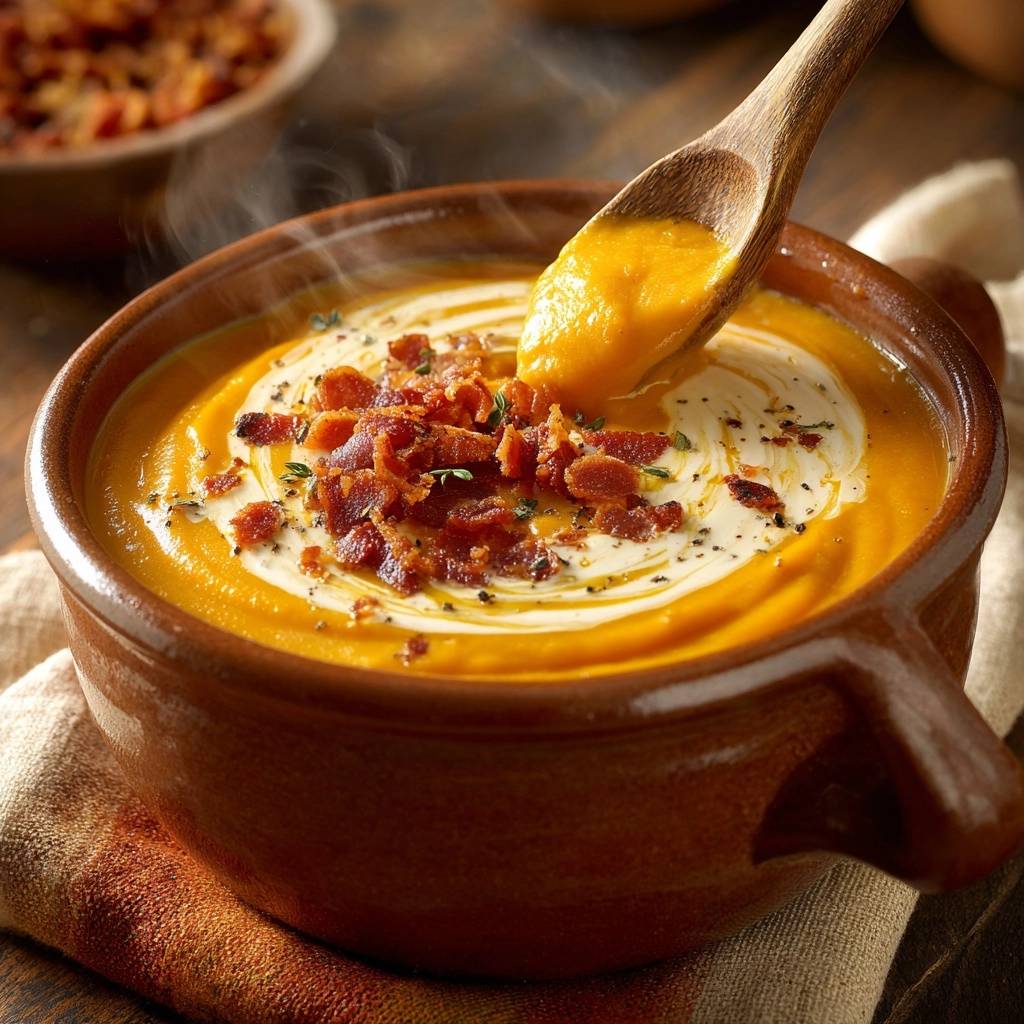 Creamy roasted butternut squash soup with a spoonful being lifted, topped with crispy bacon and cream.