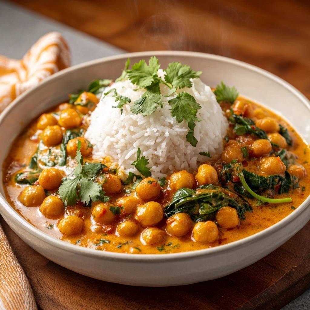 Creamy spinach chickpea curry served in a bowl, showcasing the thick sauce and fluffy rice, garnished with fresh cilantro.