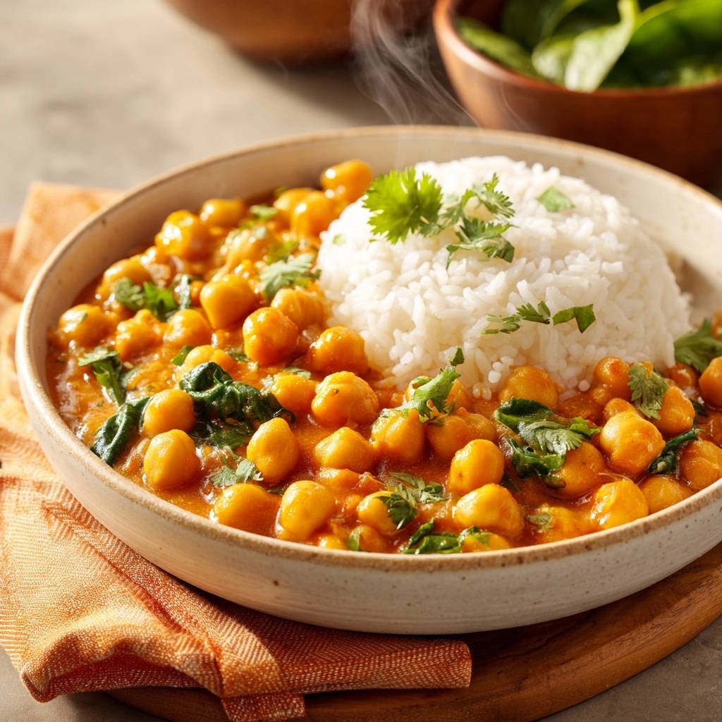 Creamy spinach chickpea curry with rice served in a steaming bowl, garnished with cilantro.