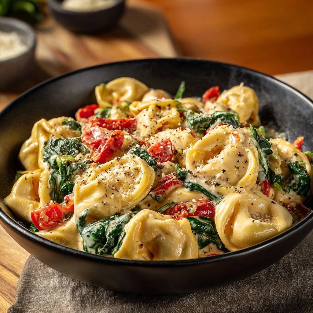 Creamy spinach tomato ravioli in a black bowl, a close-up view showing the creamy sauce and ingredients.