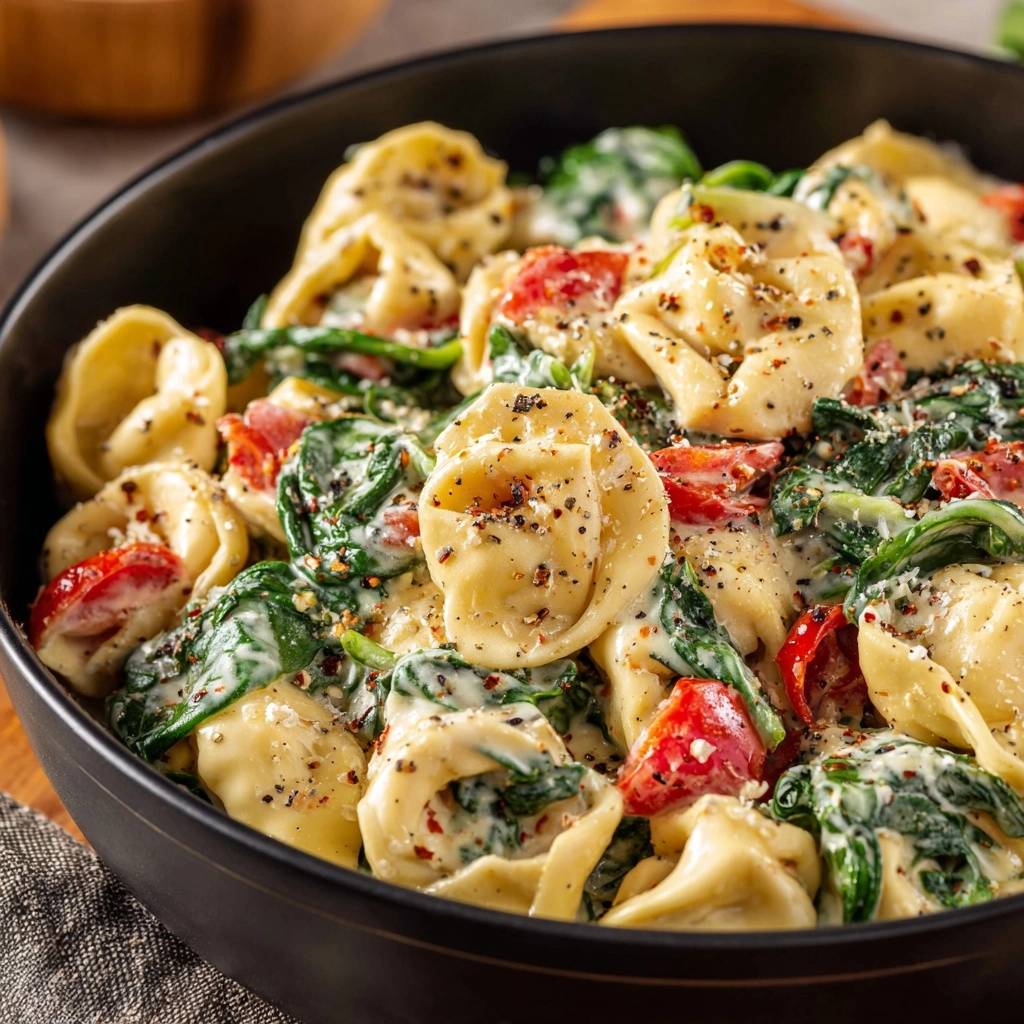 Creamy spinach tomato ravioli in a black bowl, showing the rich sauce and tender pasta in a close-up view.