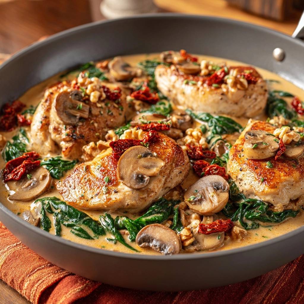Creamy sun-dried tomato and mushroom chicken served in a pan with mushrooms, spinach, and walnuts visible.