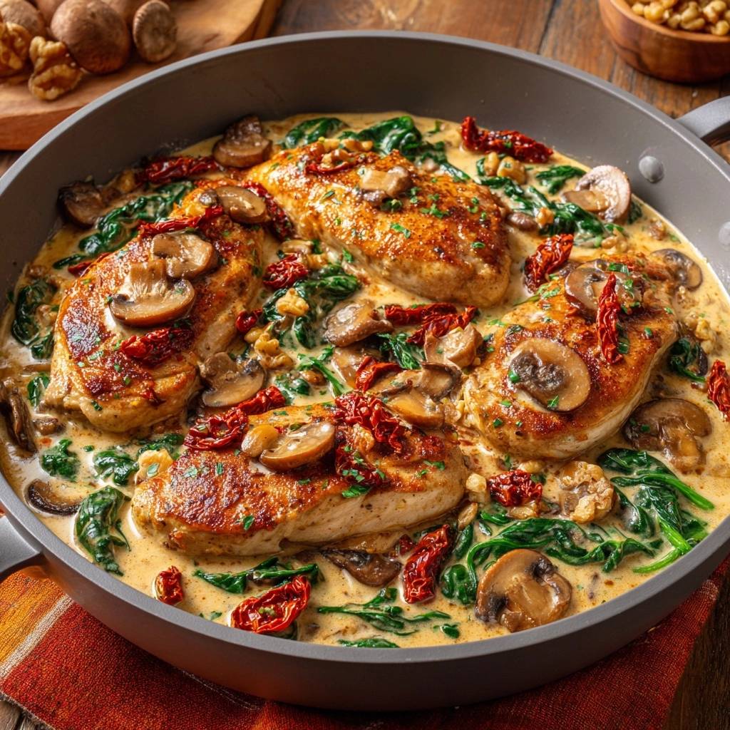 Creamy sun-dried tomato and mushroom chicken in a skillet, showing a close-up of the tender chicken and rich sauce.