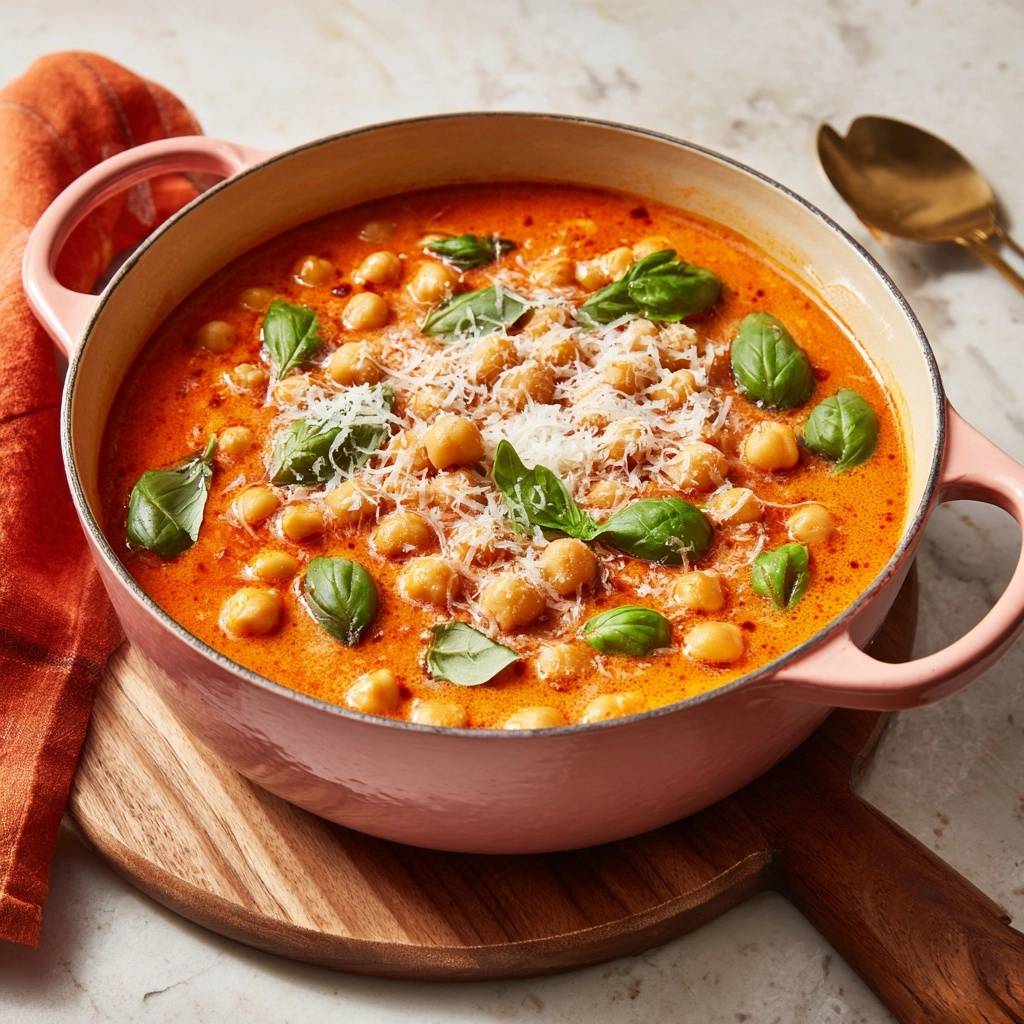Creamy tomato and chickpea stew served in a pink pot, garnished with basil and grated cheese.