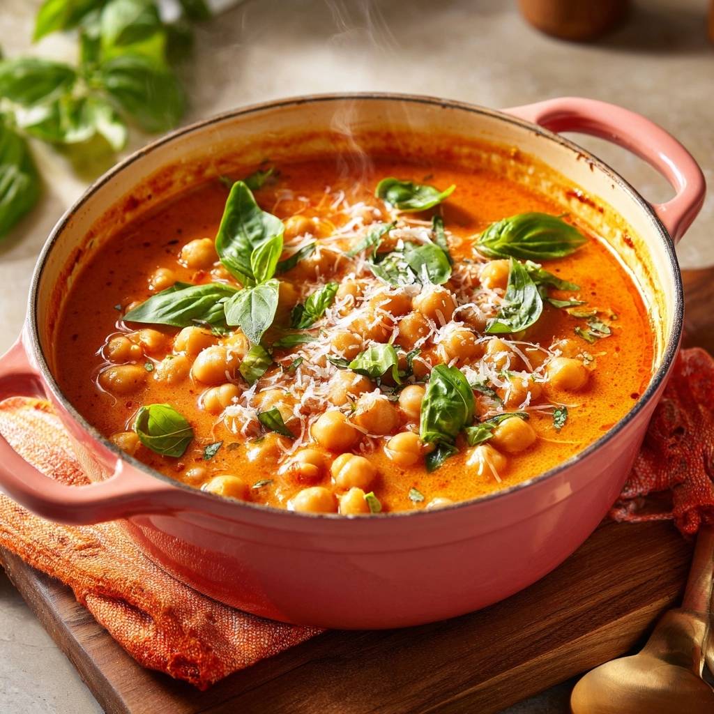 Creamy tomato and chickpea stew steaming in a pink dutch oven, garnished with fresh basil and grated cheese.