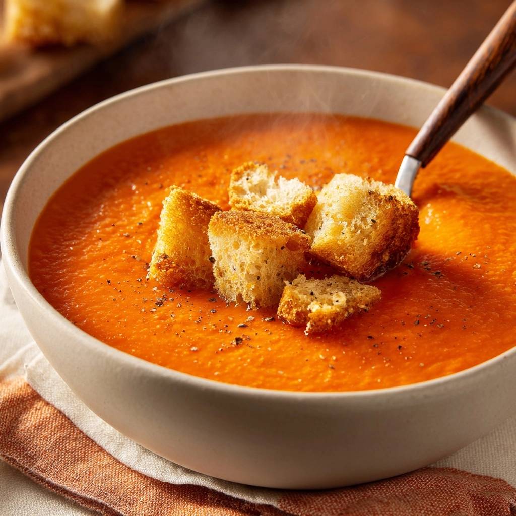Creamy tomato soup with crispy croutons, a spoon lifting some soup and croutons from the bowl.