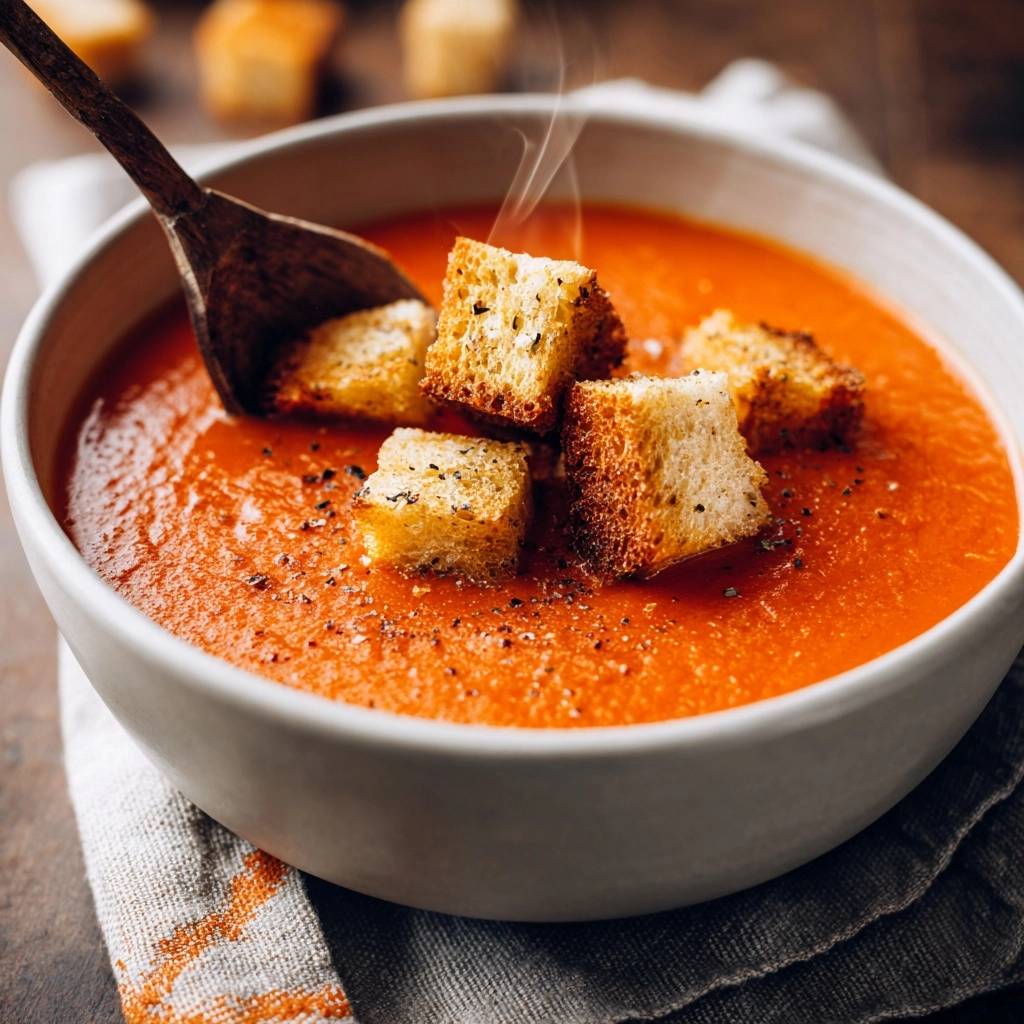Creamy tomato soup with crispy croutons, with a wooden spoon lifting a spoonful from the bowl.