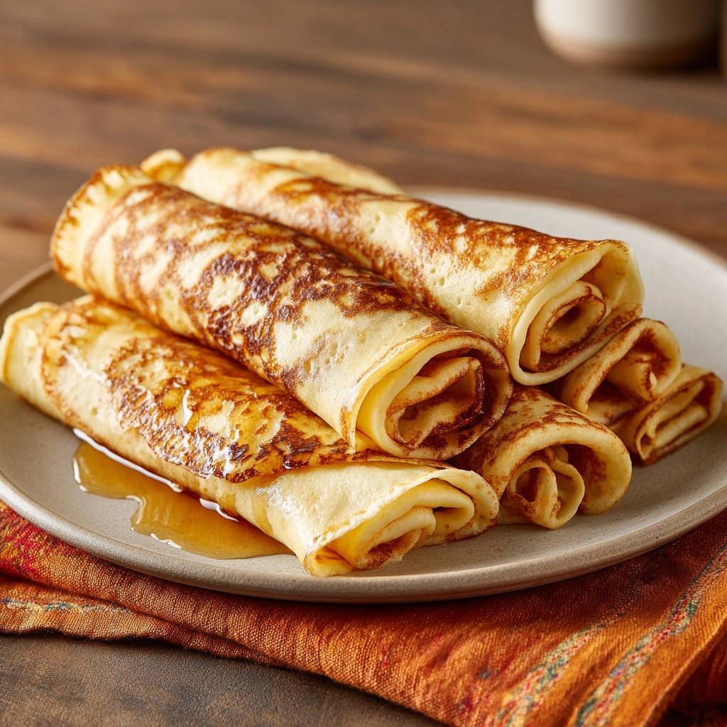 Perfect crepes are rolled and stacked on a plate with syrup pooling around them.