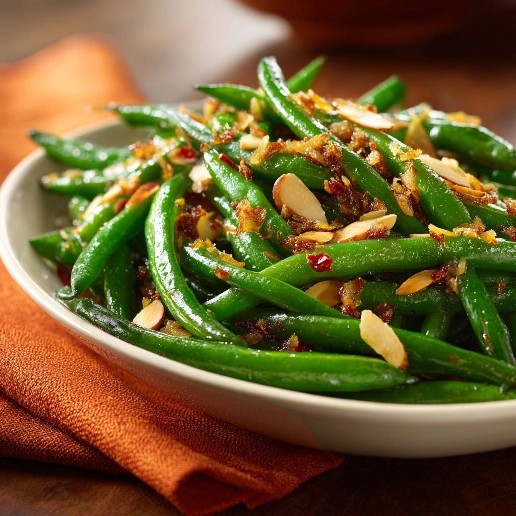 Crispy almond green beans featuring a detailed topping of slivered almonds and fried shallots.