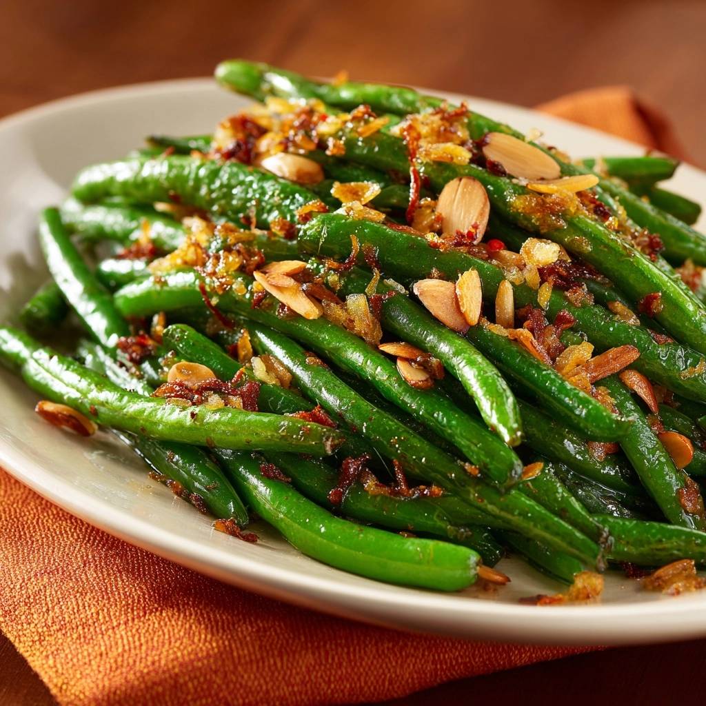 Crispy almond green beans with a detailed view of the savory topping and toasted almonds.