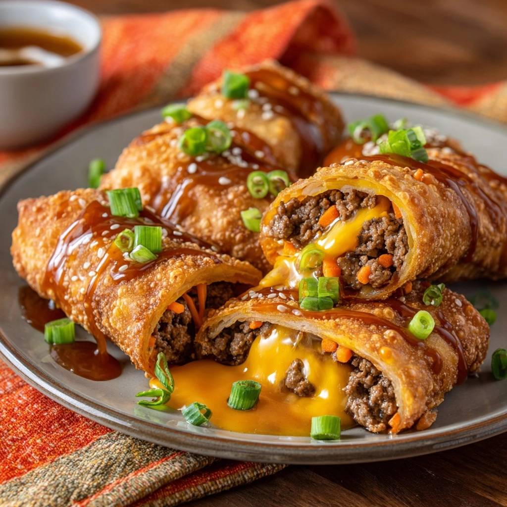 Crispy beef and cheese egg rolls shown in a cross-section with gooey melted cheese oozing out.