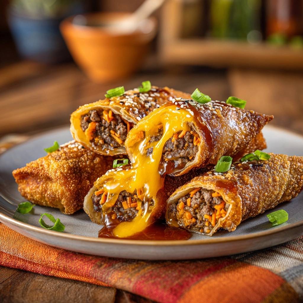 Crispy beef and cheese egg rolls shown in a cross-section with melted cheese oozing out.