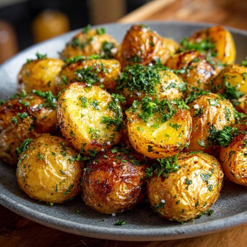Crispy butter baby potatoes with a close-up view of the fresh parsley garnish sprinkled over the golden-brown potatoes.