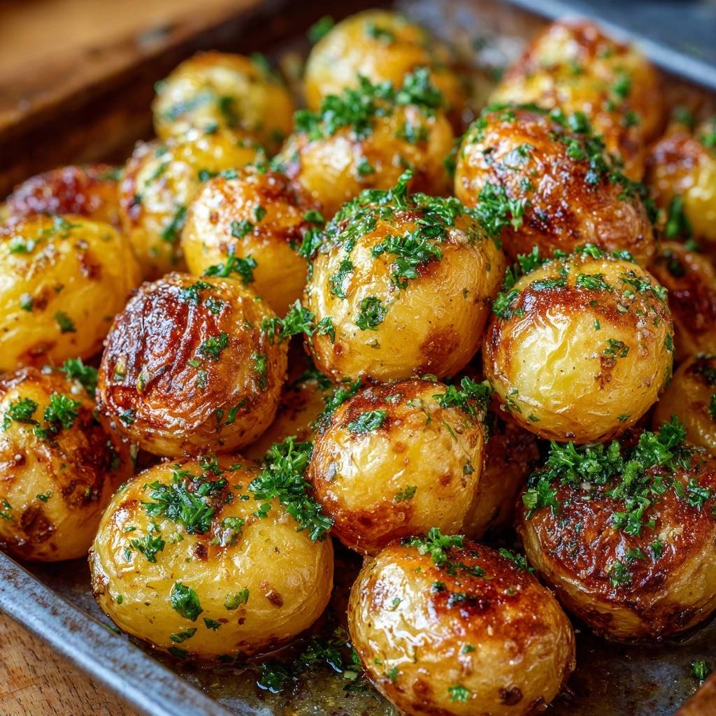Crispy butter baby potatoes with a close-up view of fresh parsley garnish piled on top.