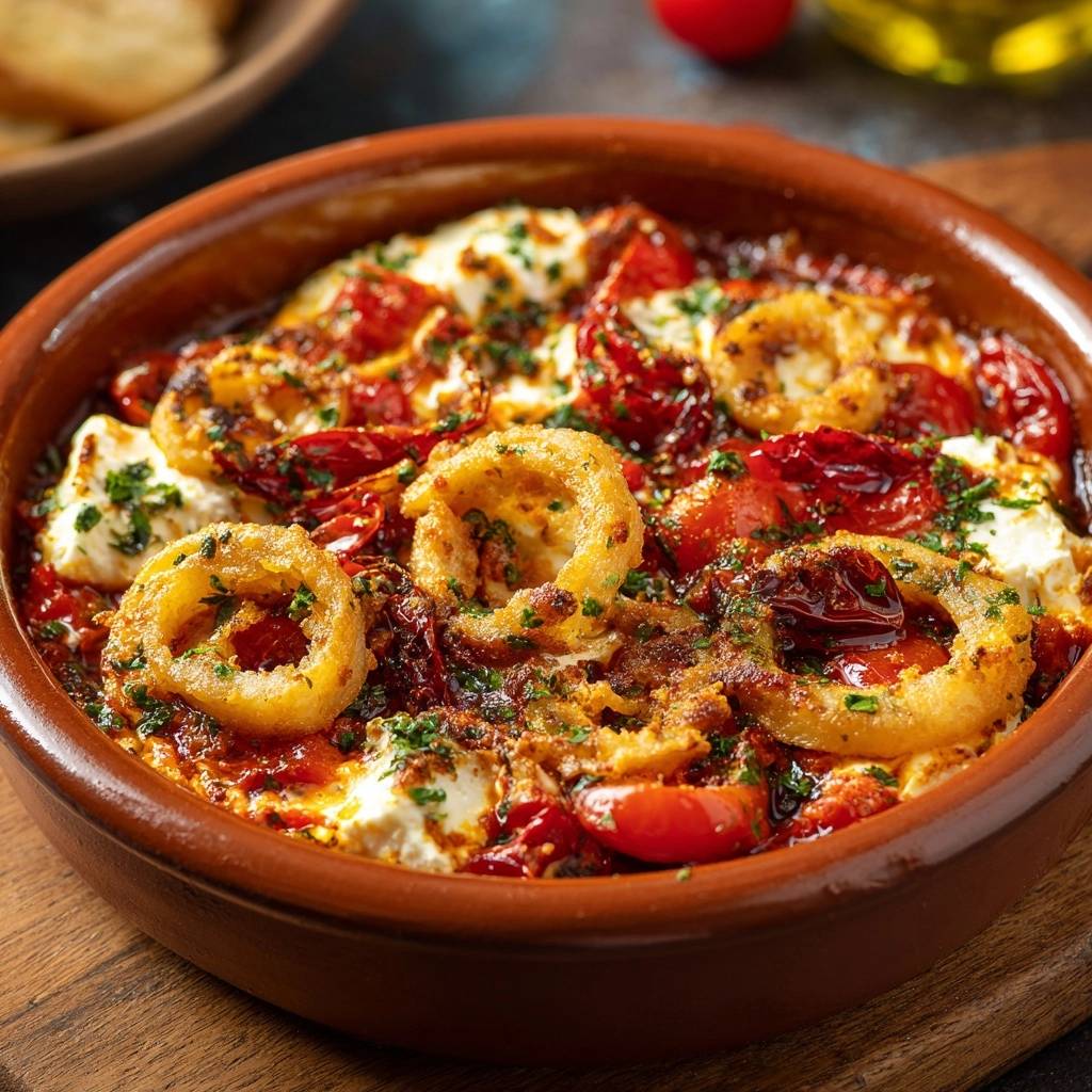 Crispy calamari feta bake with tender rings and a golden crust, shown in a close-up detail shot.