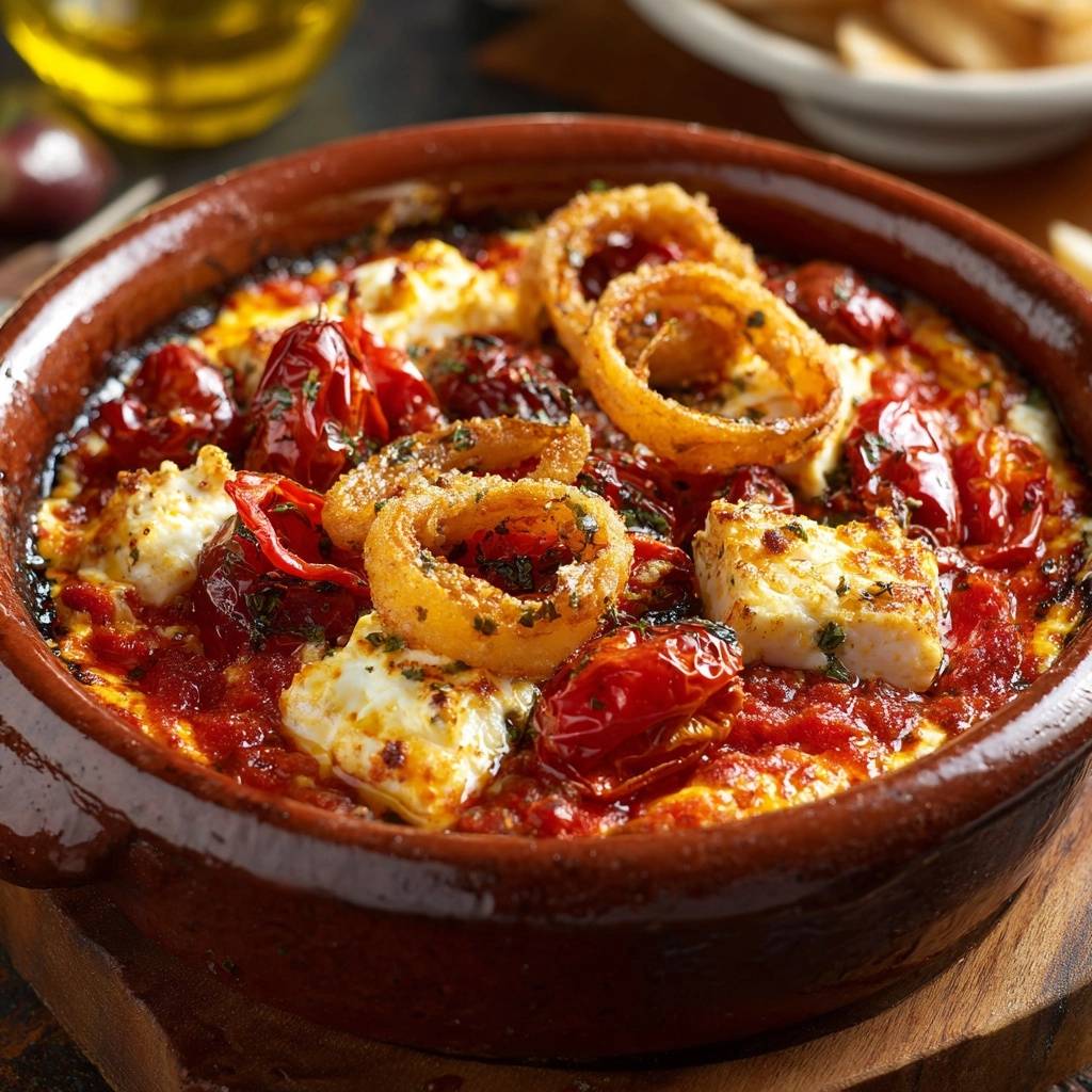 Crispy calamari feta bake topped with golden onion rings and fresh herbs in a terracotta dish.