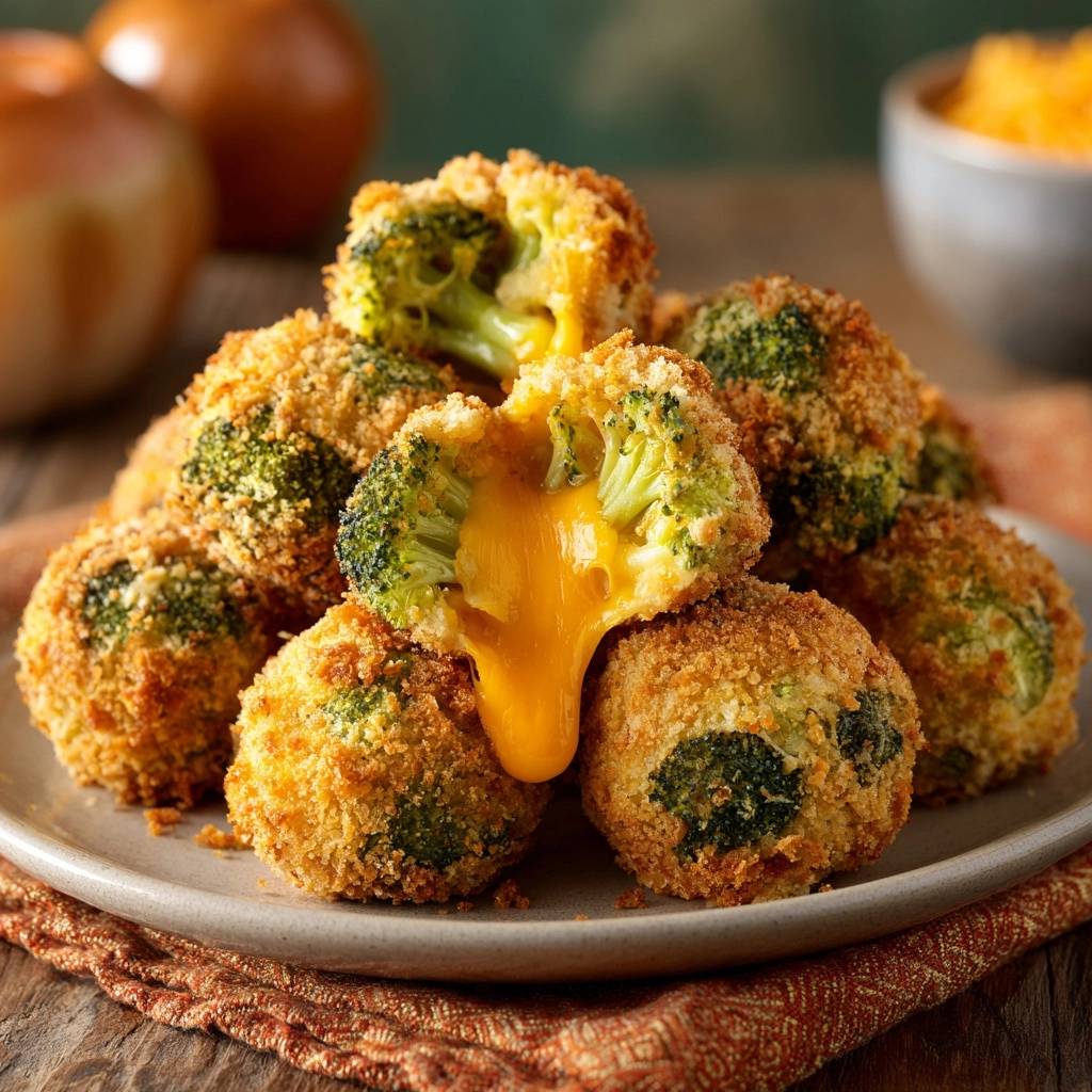 Crispy cheddar broccoli bites cross-section revealing a gooey melted cheese center, highlighting the anti-soggy method.