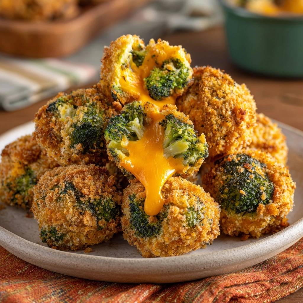 Crispy cheddar broccoli bites cross-section showing melted cheese pull, as featured in the anti-soggy method.