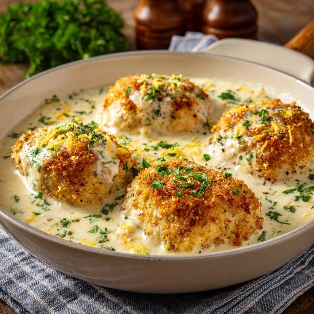 Crispy cheesy cauliflower balls in creamy sauce served in a shallow white pan, garnished with fresh parsley.
