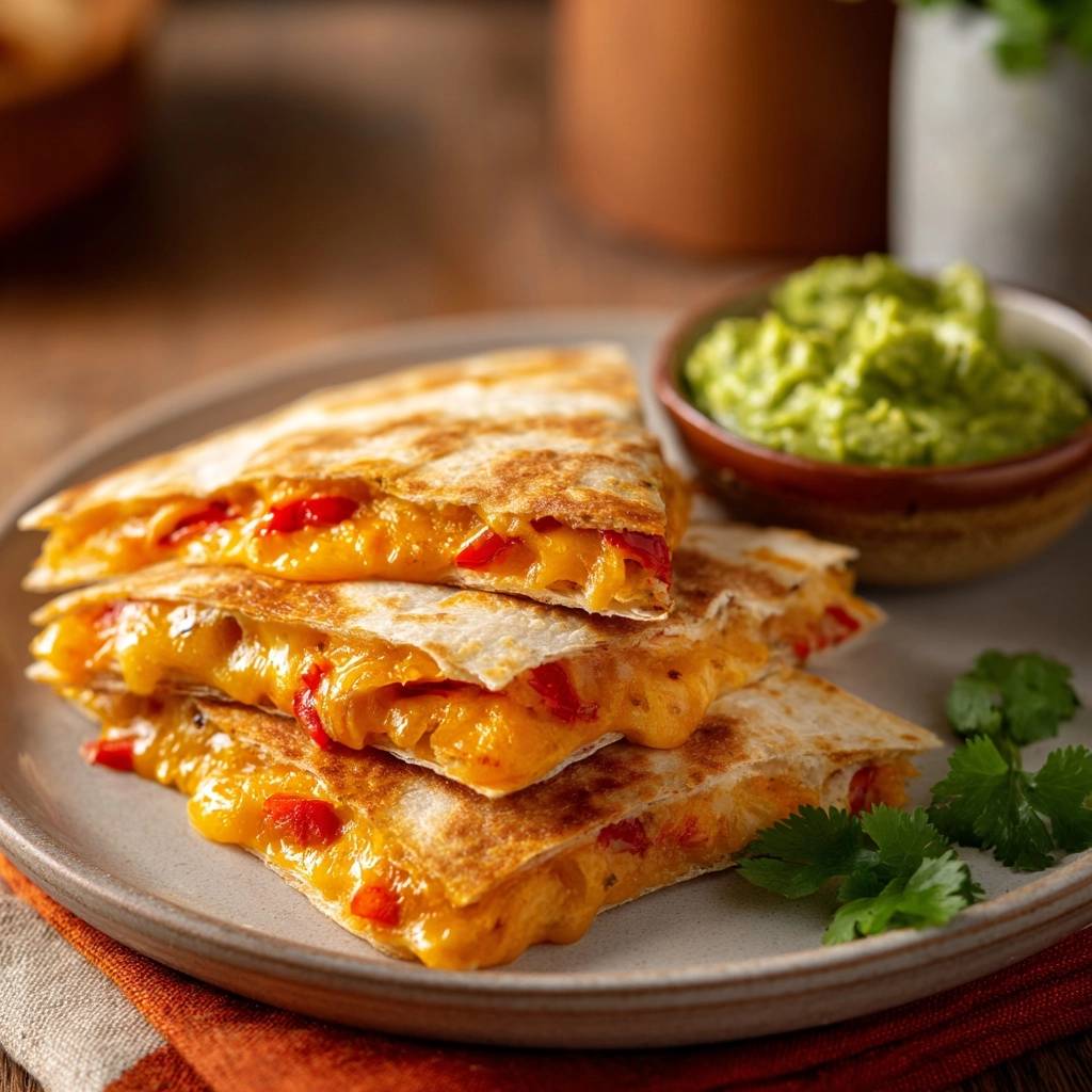 Crispy cheesy quesadillas stacked with melted cheese and red peppers, served with guacamole.