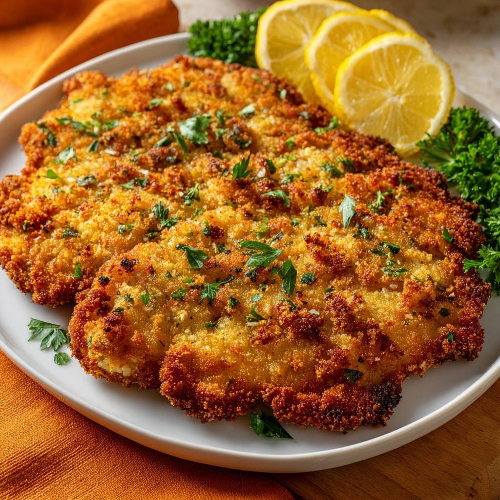Crispy chicken schnitzel served on a white plate with lemon slices and fresh parsley garnish.
