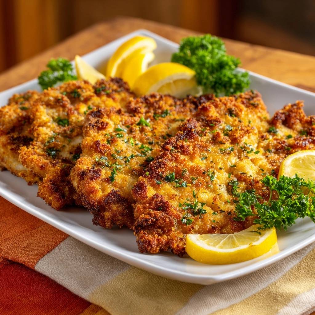 Crispy chicken schnitzel plated with fresh lemon wedges and parsley garnish, showcasing its golden-brown crust.
