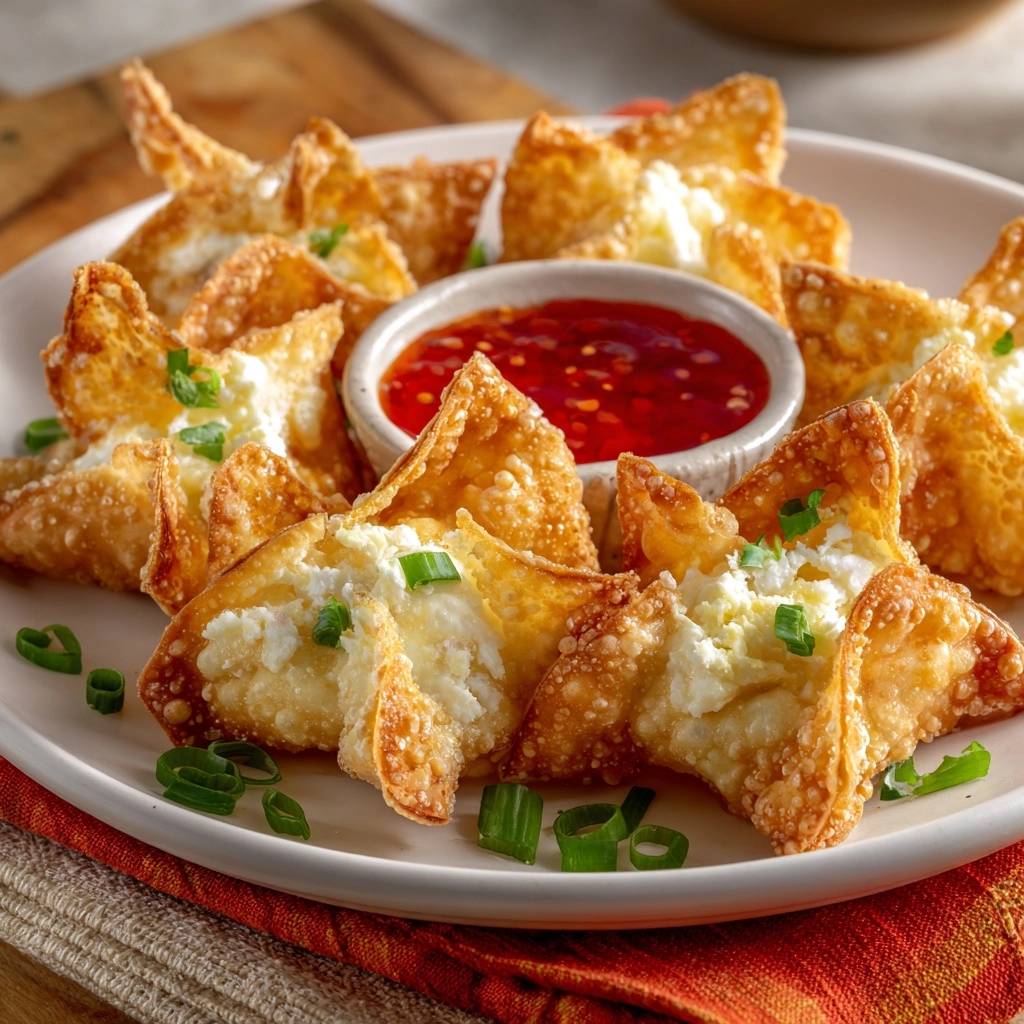Crispy cream cheese wontons plated with a side of chili dipping sauce and garnished with green onions.