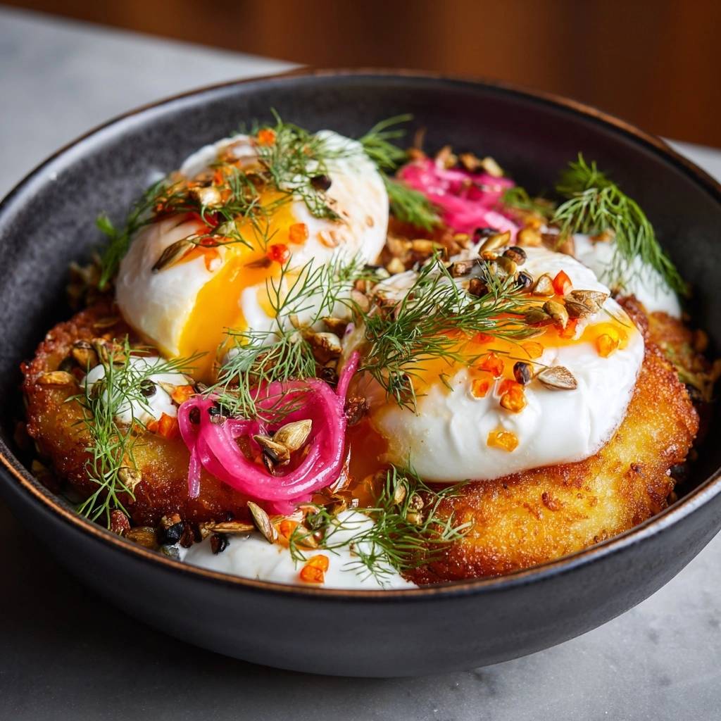 Crispy dill latke bowls with poached eggs, featuring a close-up view of the runny yolk and fresh dill garnish.