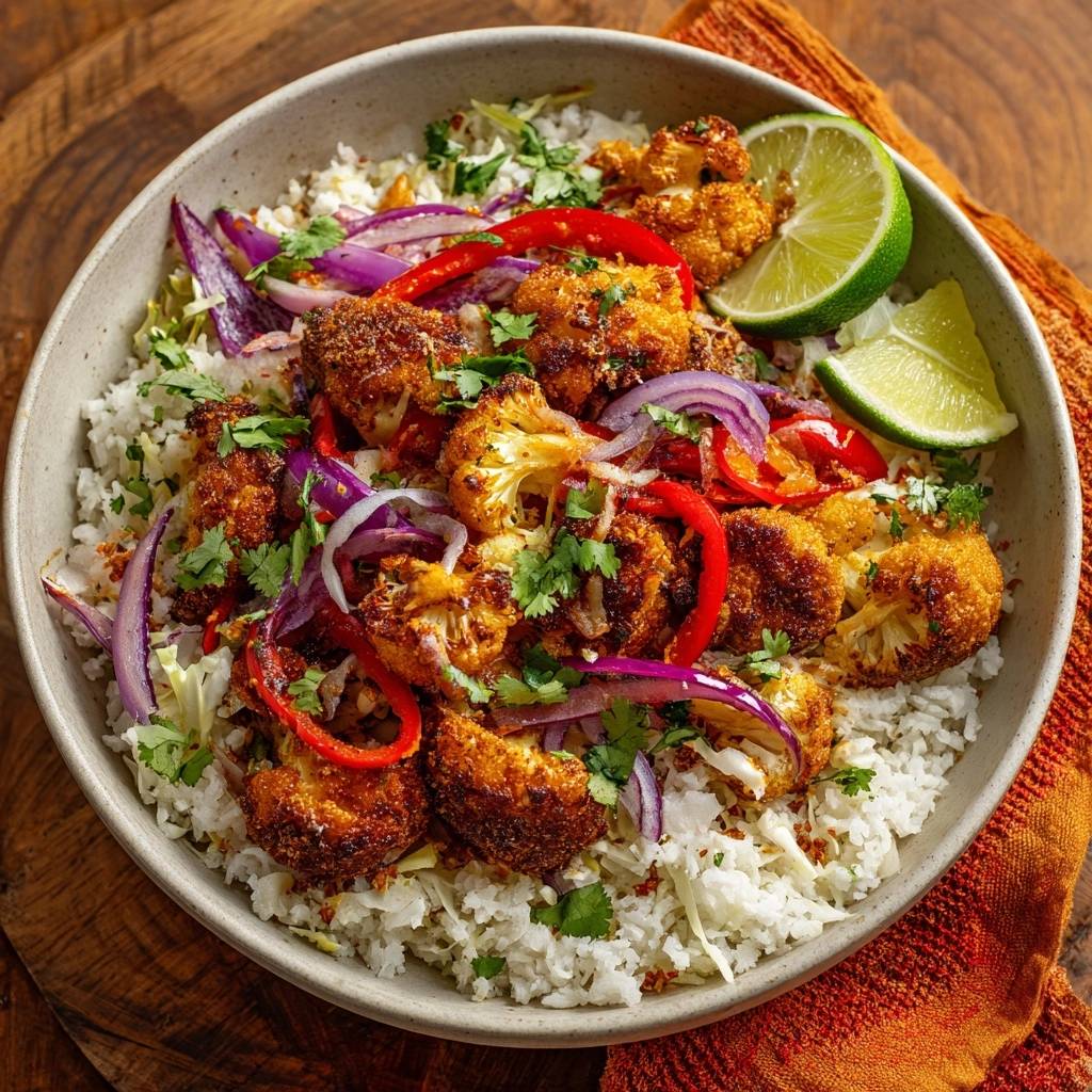 Crispy fried cauliflower rice bowl served in a bowl with fresh lime wedges and cilantro garnish.