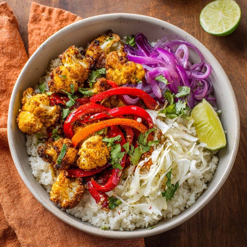 Crispy fried cauliflower rice bowl shown from an overhead view with roasted cauliflower, peppers, cabbage, and red onion.