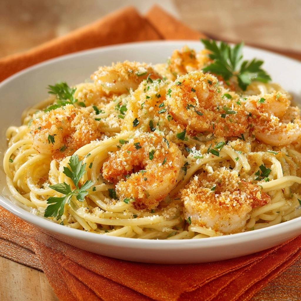 Crispy garlic shrimp pasta with golden breaded shrimp and fresh parsley garnish in a white bowl.