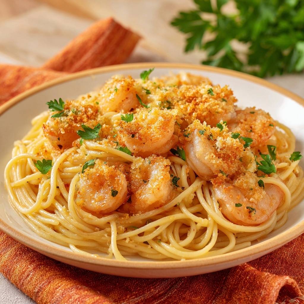 Crispy garlic shrimp pasta is served in a bowl, topped with golden breadcrumbs and fresh parsley.