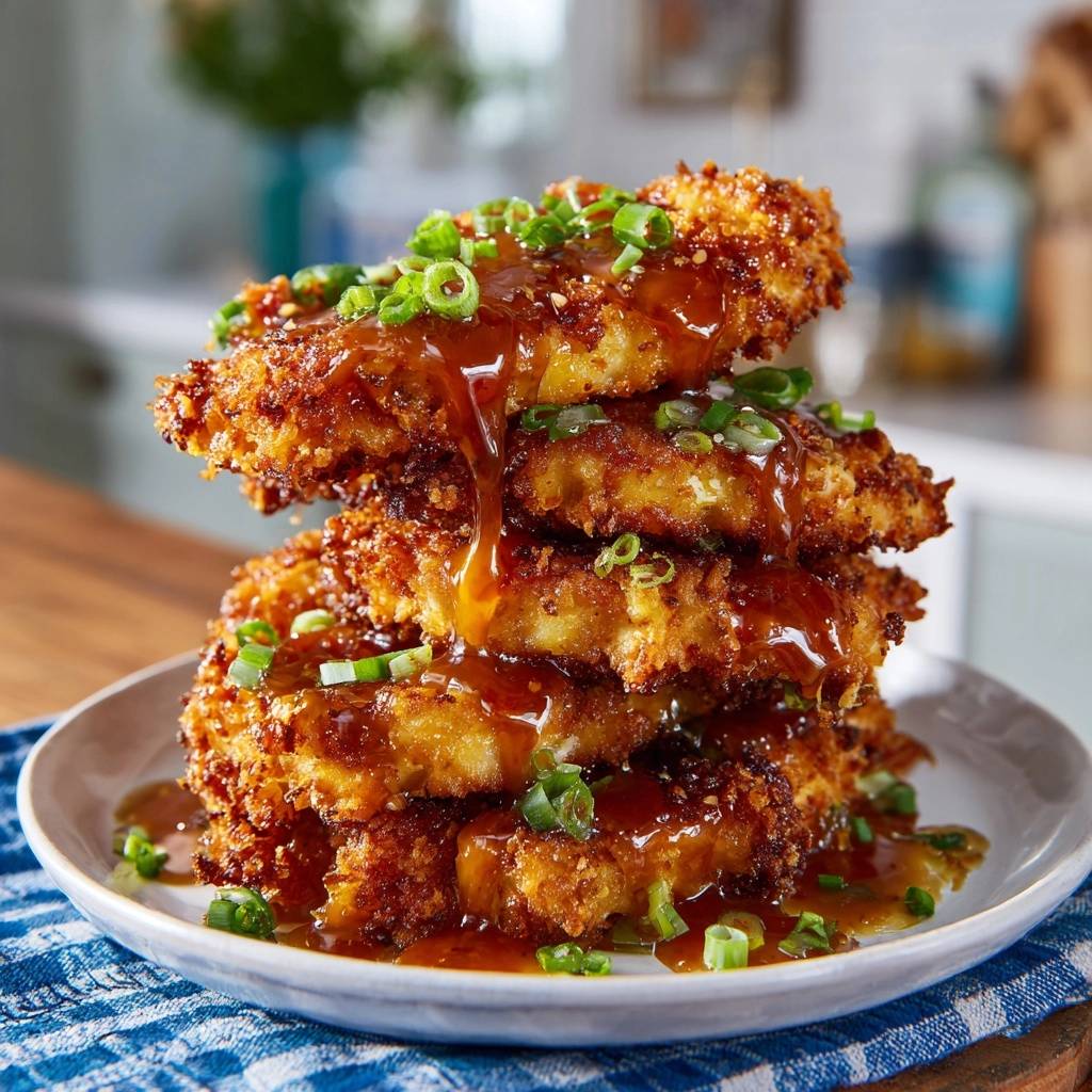 Crispy glazed chicken cutlets stacked high, drizzled with a rich sauce and garnished with green onions.