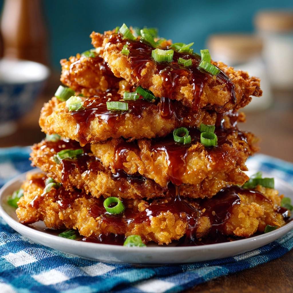Crispy glazed chicken cutlets are stacked high on a plate, drizzled with dark glaze and garnished with green onions.