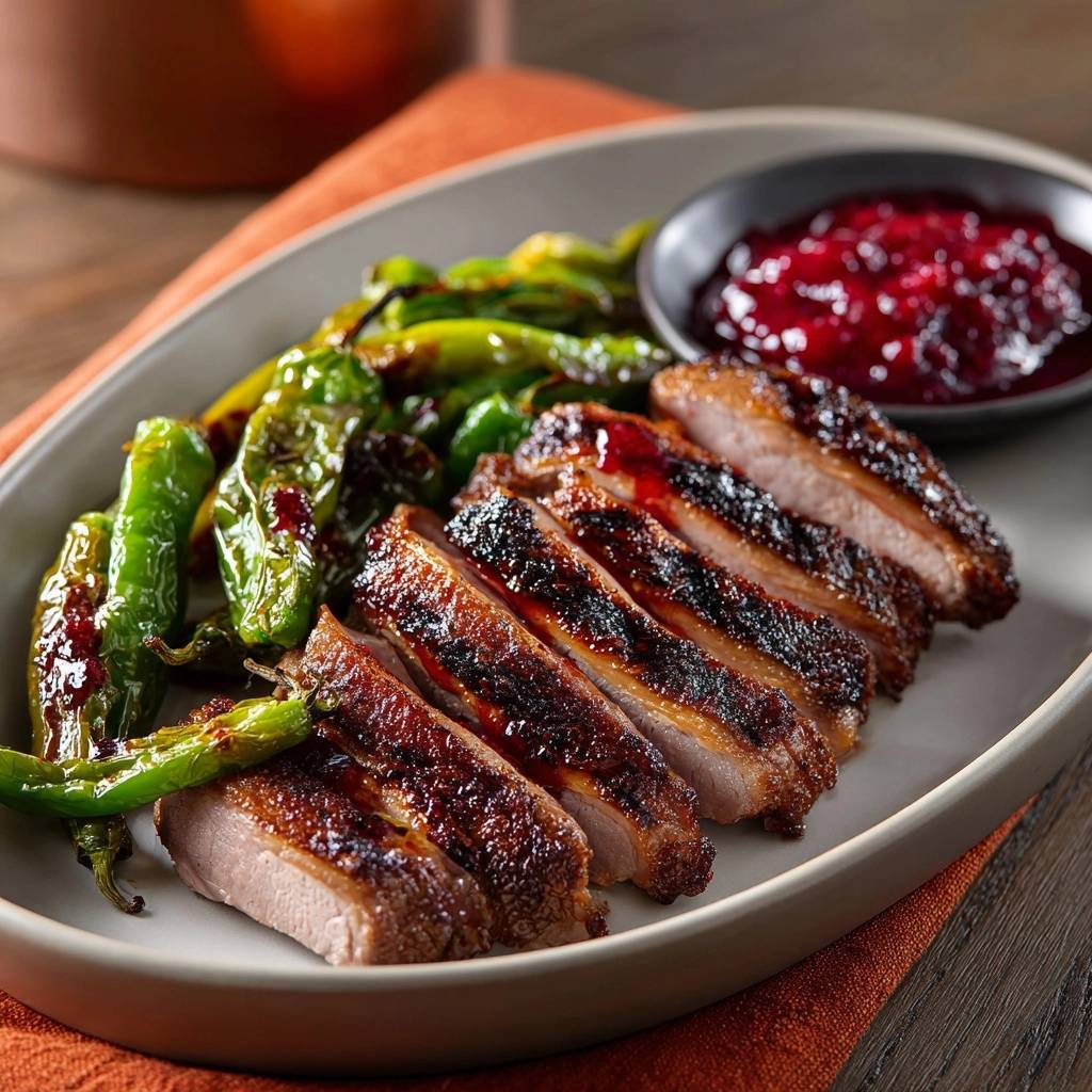 Crispy glazed duck breast with blistered shishitos and cranberry sauce, shown sliced to reveal a cross-section of the tender meat.
