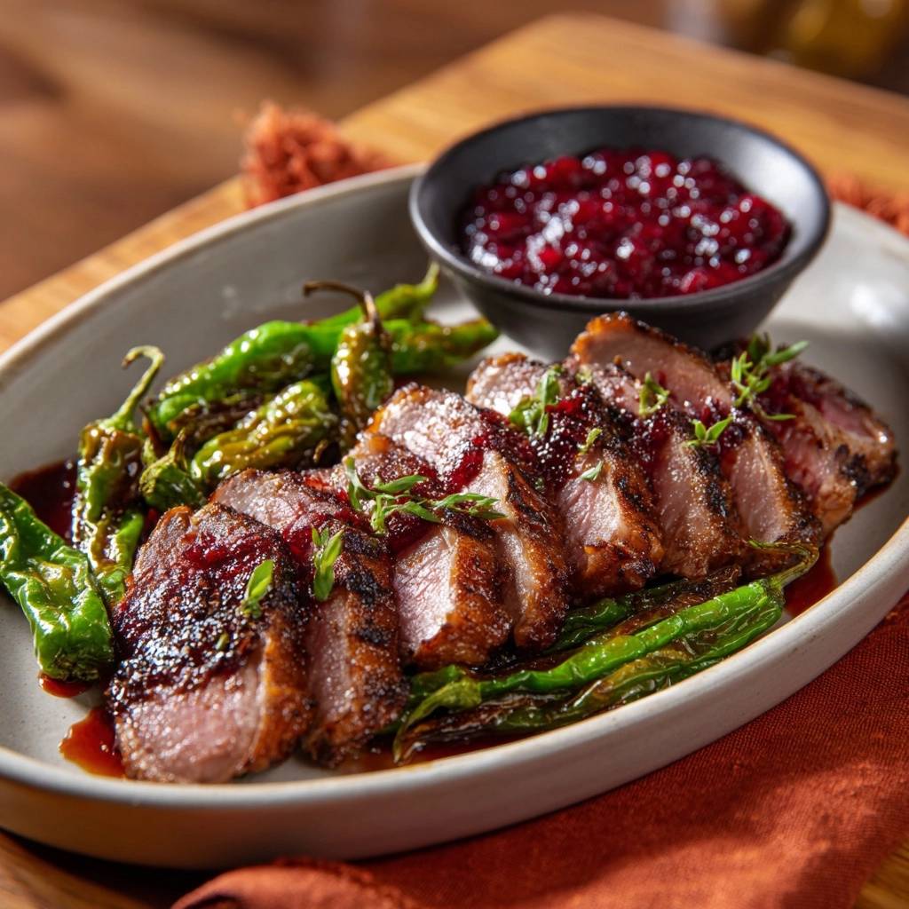 Crispy glazed duck breast sliced on a plate with blistered shishito peppers and a side of cranberry sauce.